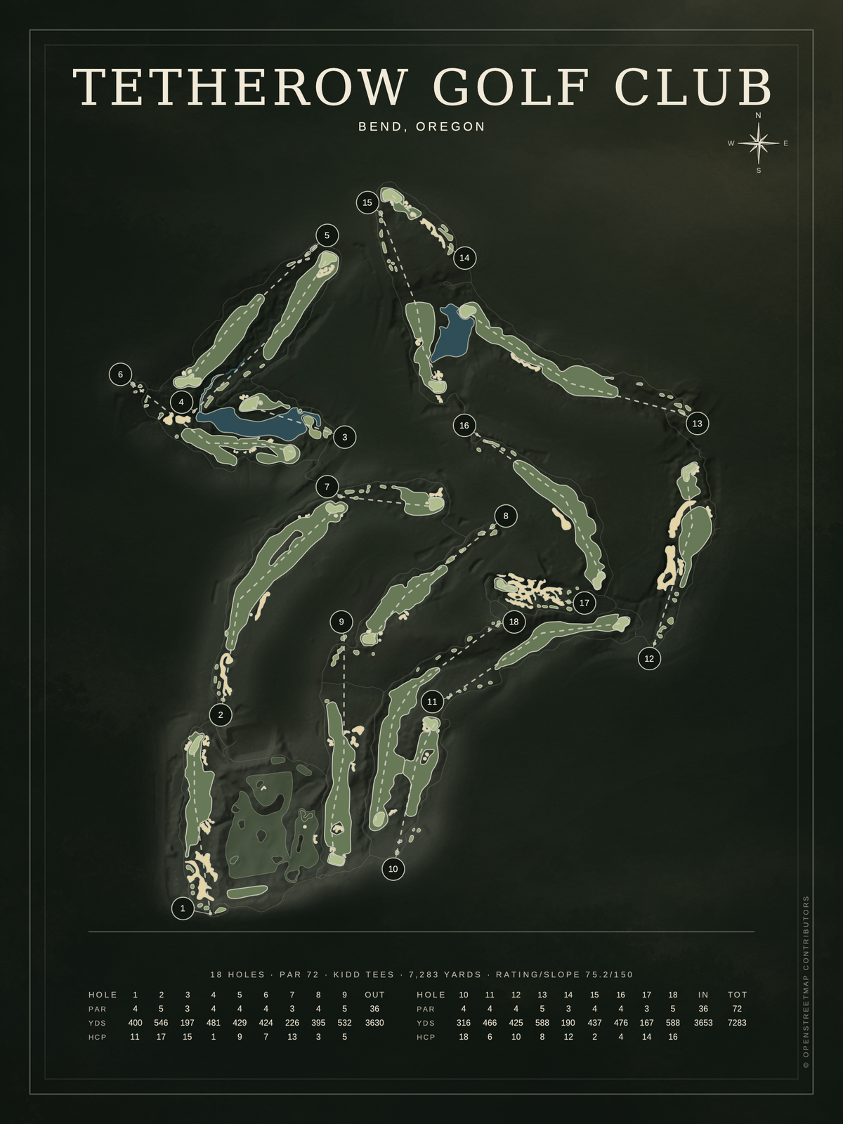 Tetherow Golf Club course map poster, Architectural style, 12×16 / 18×24