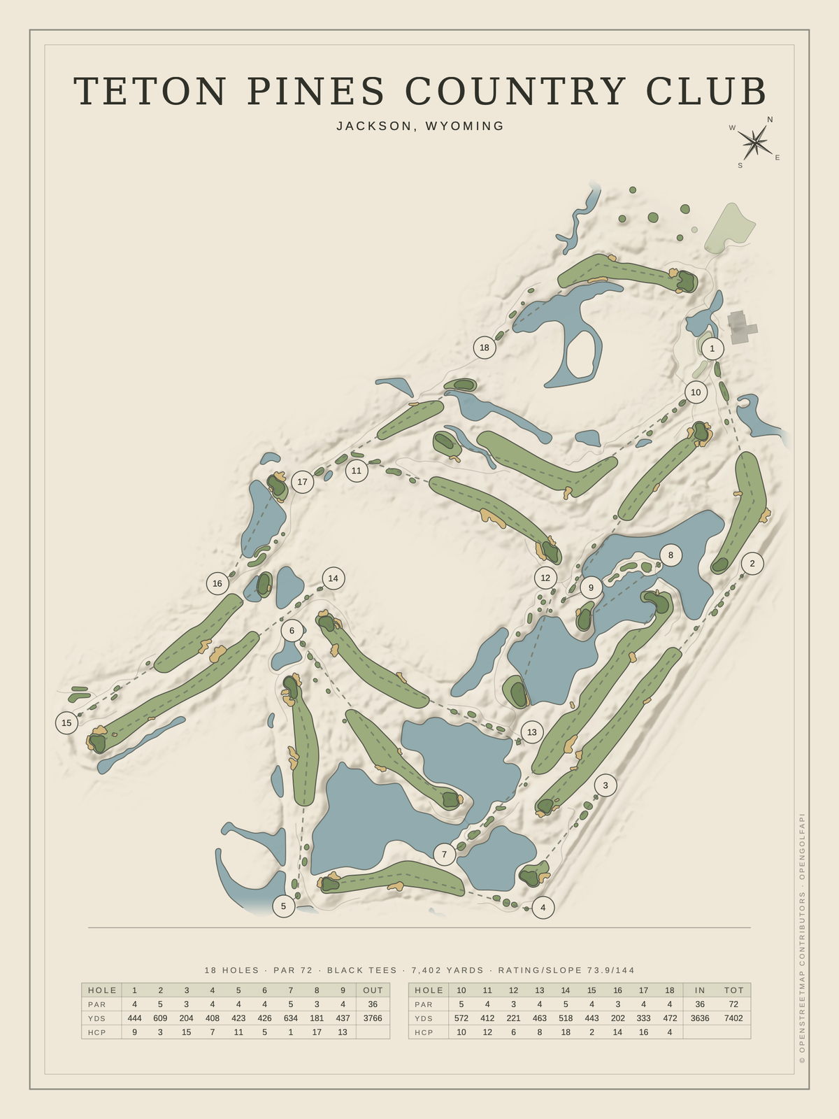Teton Pines Country Club course map poster, Classic style, 12×16 / 18×24