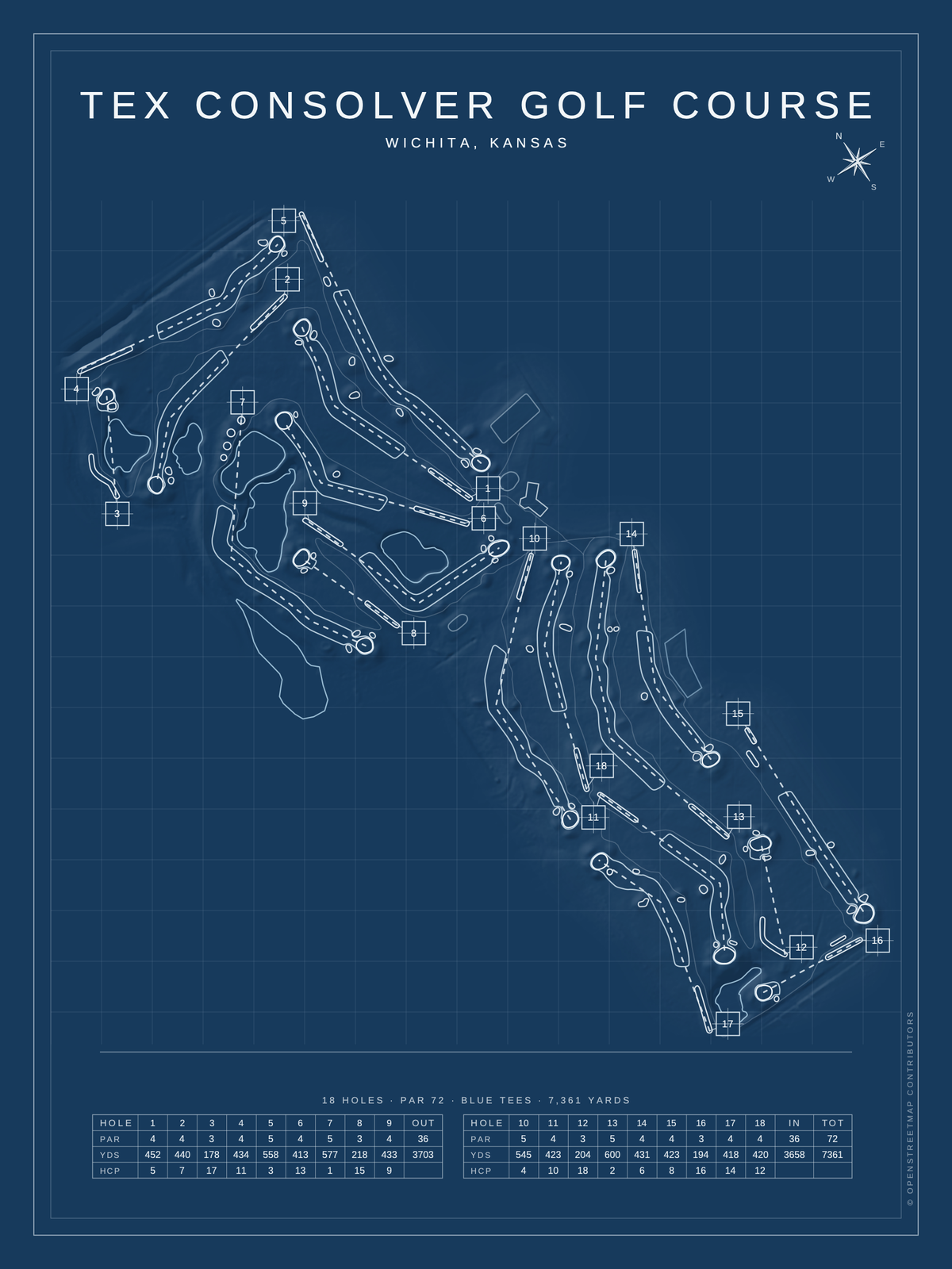 Tex Consolver Golf Course map poster, Blueprint style, 12×16 / 18×24