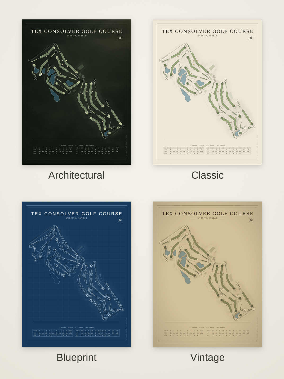 Tex Consolver Golf Course map poster in four styles: Architectural, Classic, Blueprint and Vintage