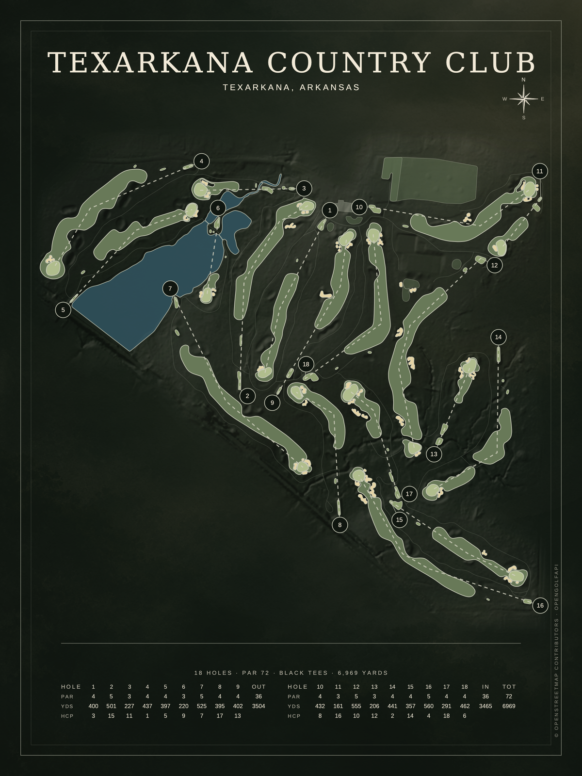 Texarkana Country Club course map poster, Architectural style, 12×16 / 18×24