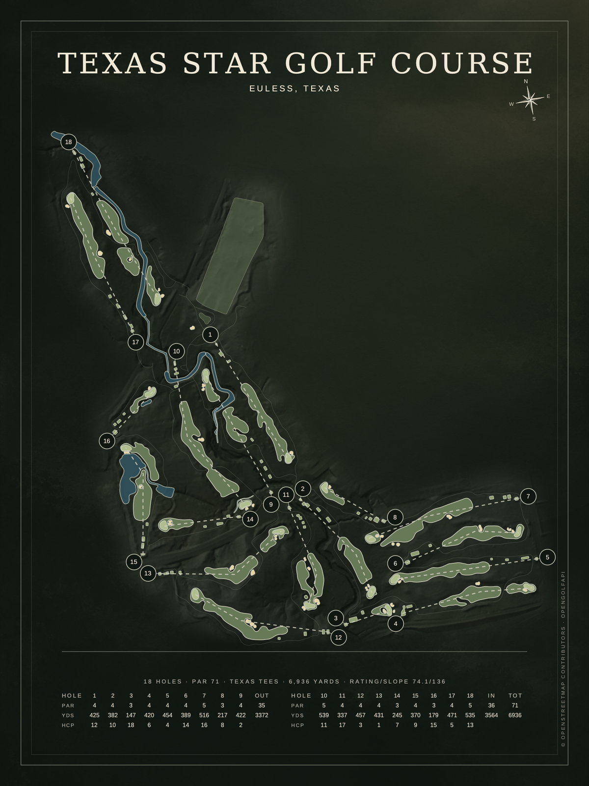 Texas Star Golf Course map poster, Architectural style, 12×16 / 18×24