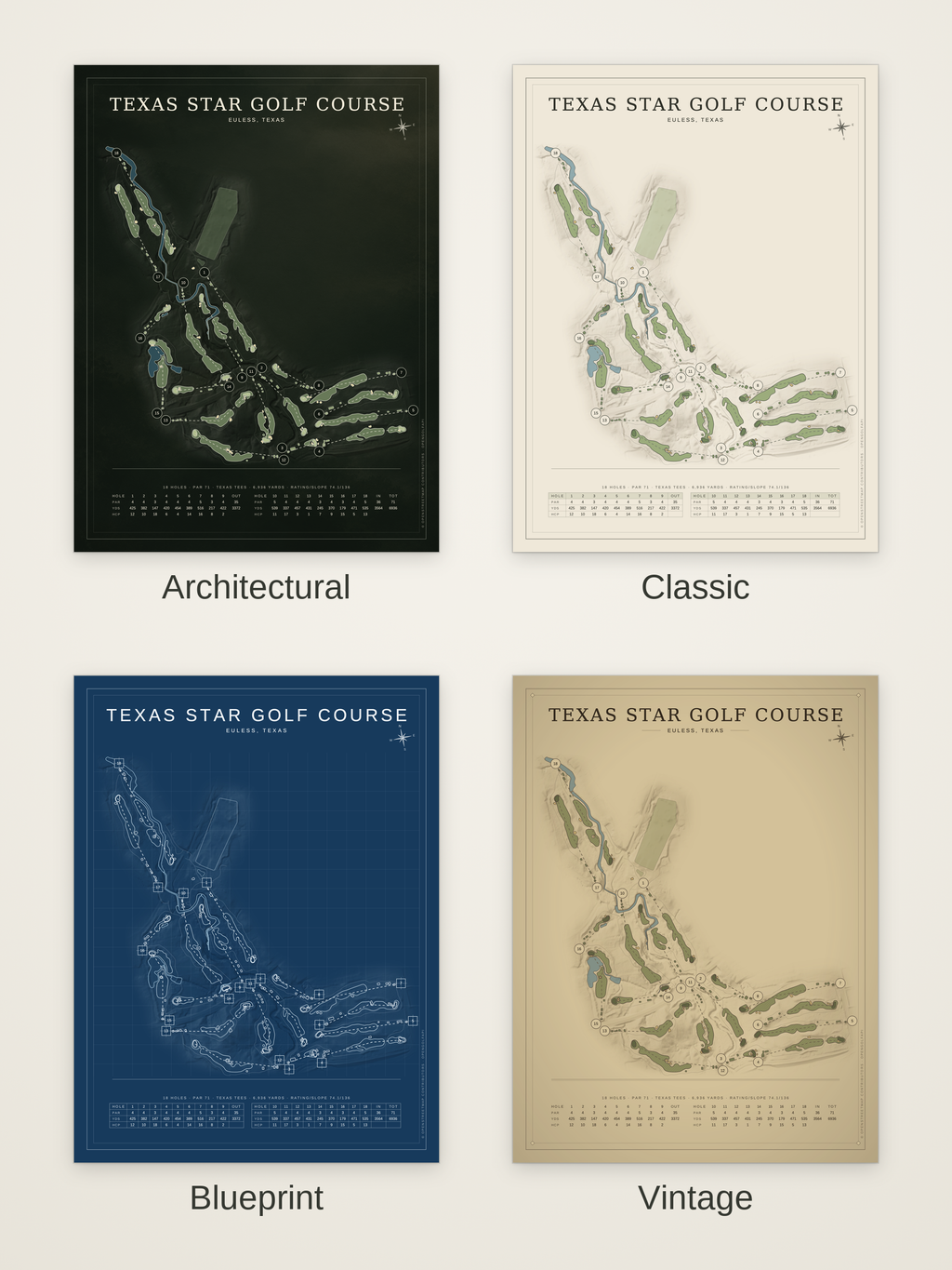 Texas Star Golf Course map poster in four styles: Architectural, Classic, Blueprint and Vintage