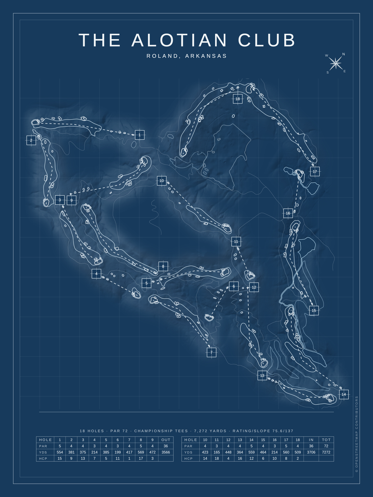 The Alotian Club course map poster, Blueprint style, 12×16 / 18×24