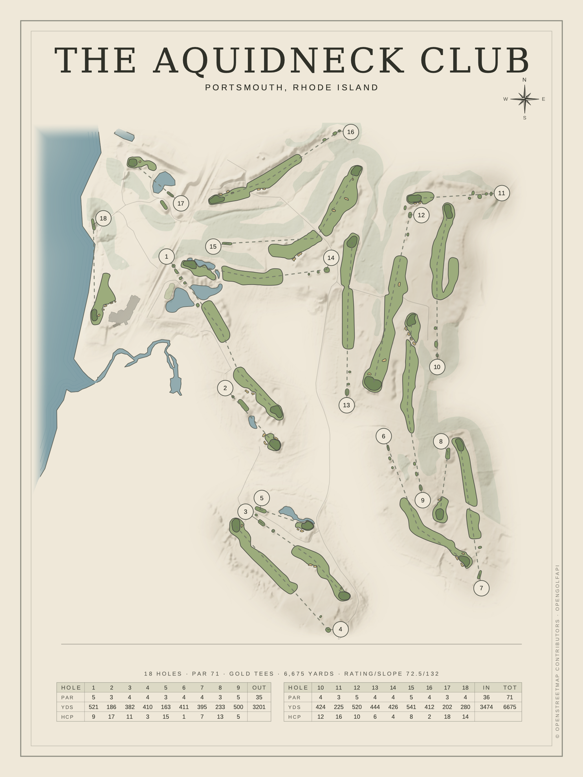 The Aquidneck Club course map poster, Classic style, 12×16 / 18×24