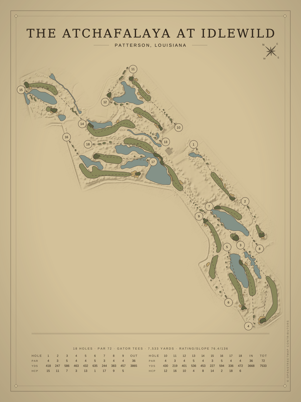 The Atchafalaya at Idlewild course map poster, Vintage style, 12×16 / 18×24