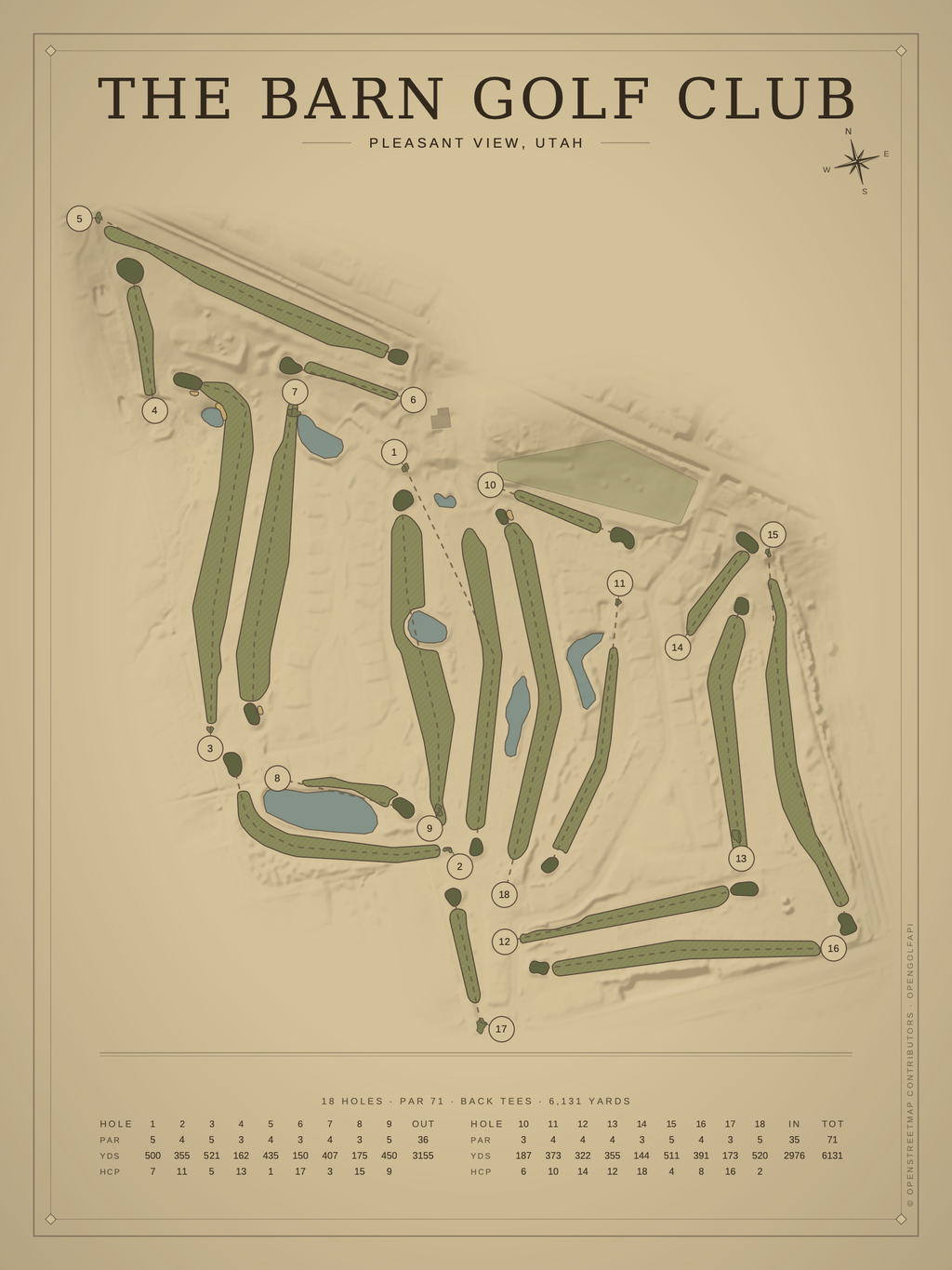 The Barn Golf Club course map poster, Vintage style, 12×16 / 18×24