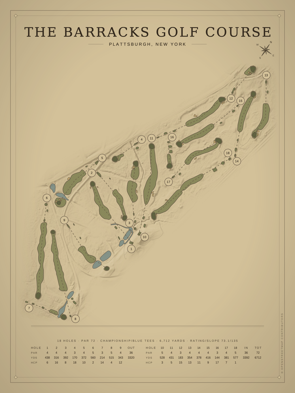 The Barracks Golf Course map poster, Vintage style, 12×16 / 18×24