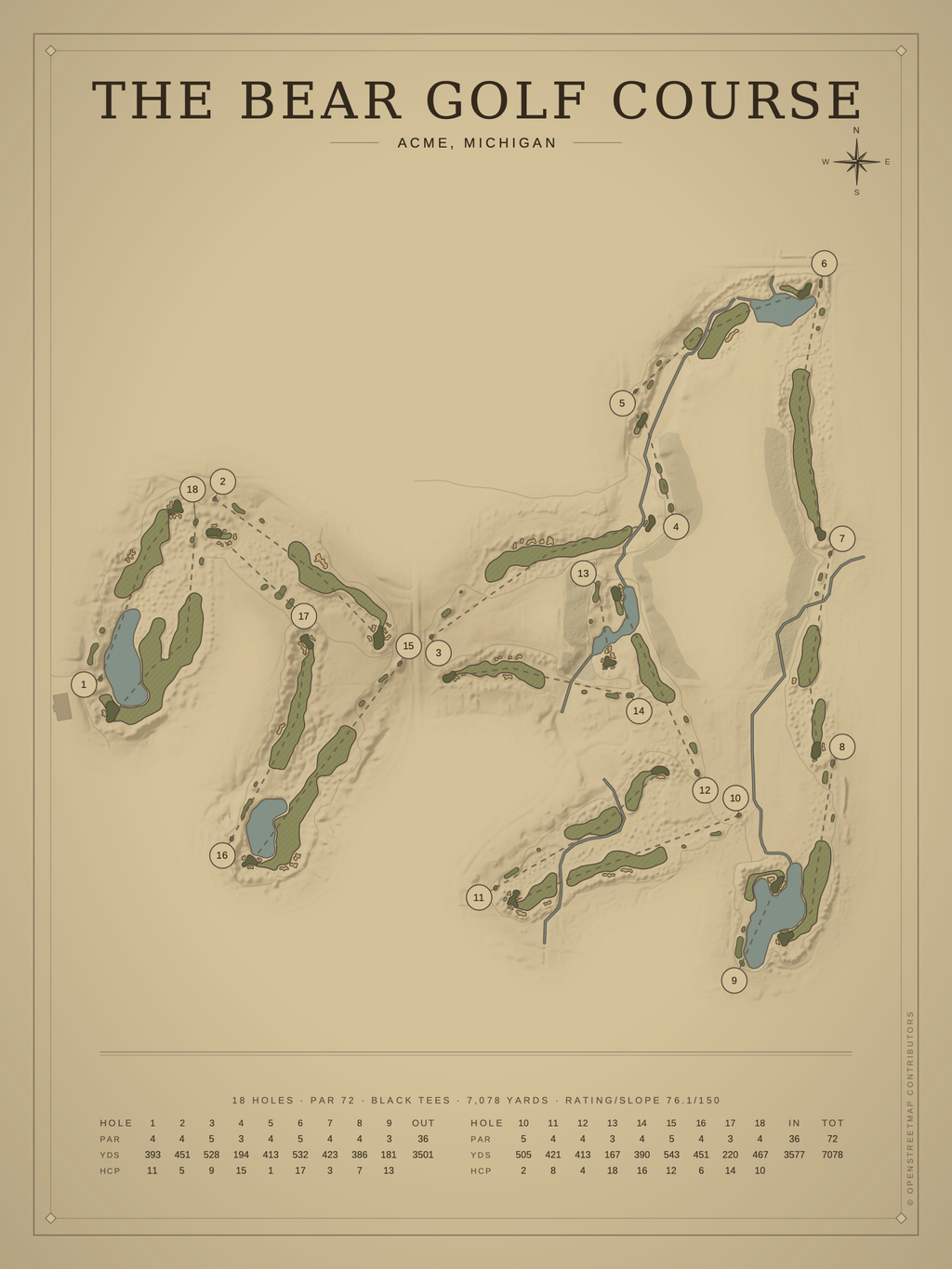 The Bear Golf Course (Acme) course map poster, Vintage style, 12×16 / 18×24