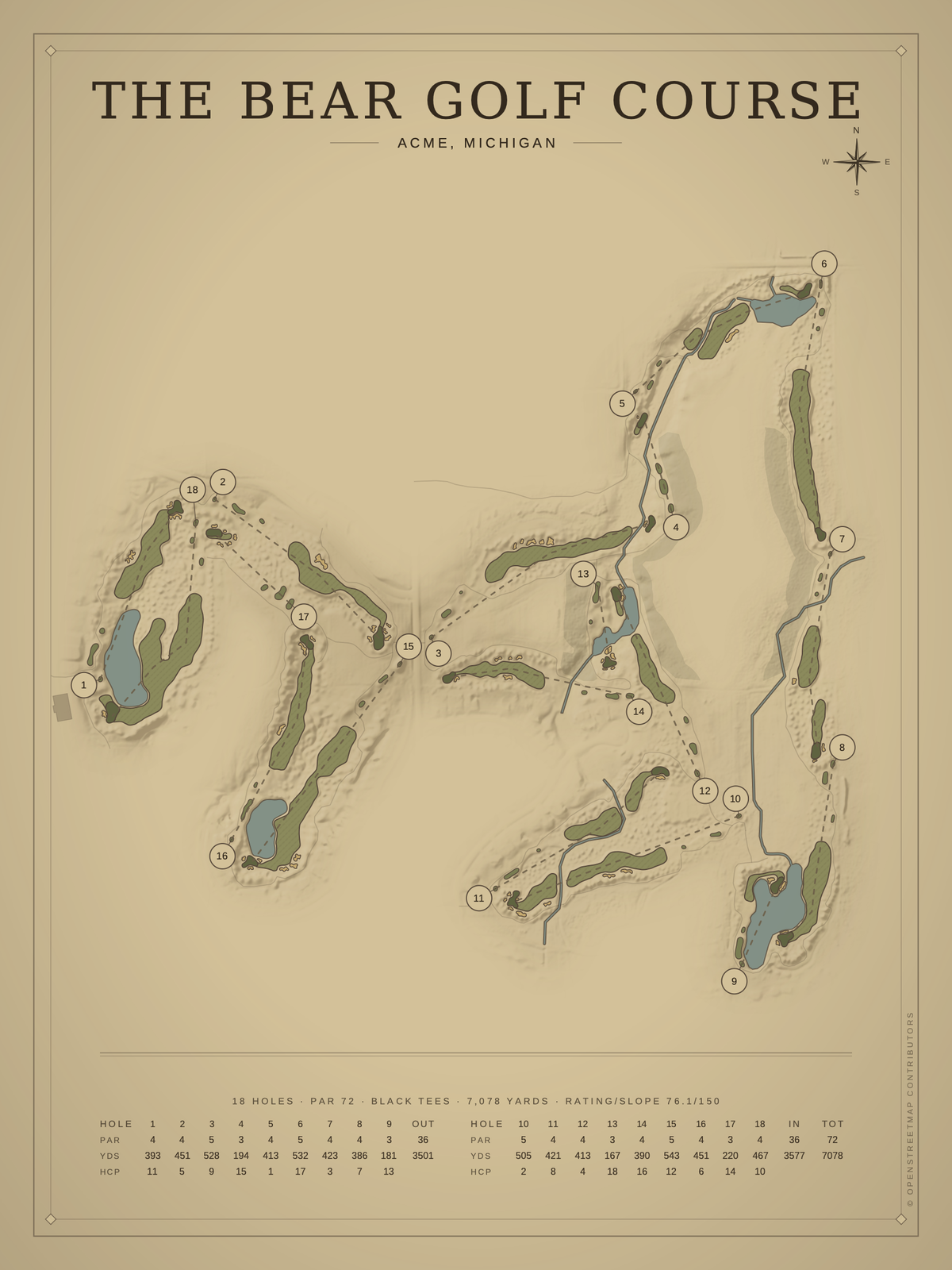 The Bear Golf Course (Acme) course map poster, Vintage style, 12×16 / 18×24