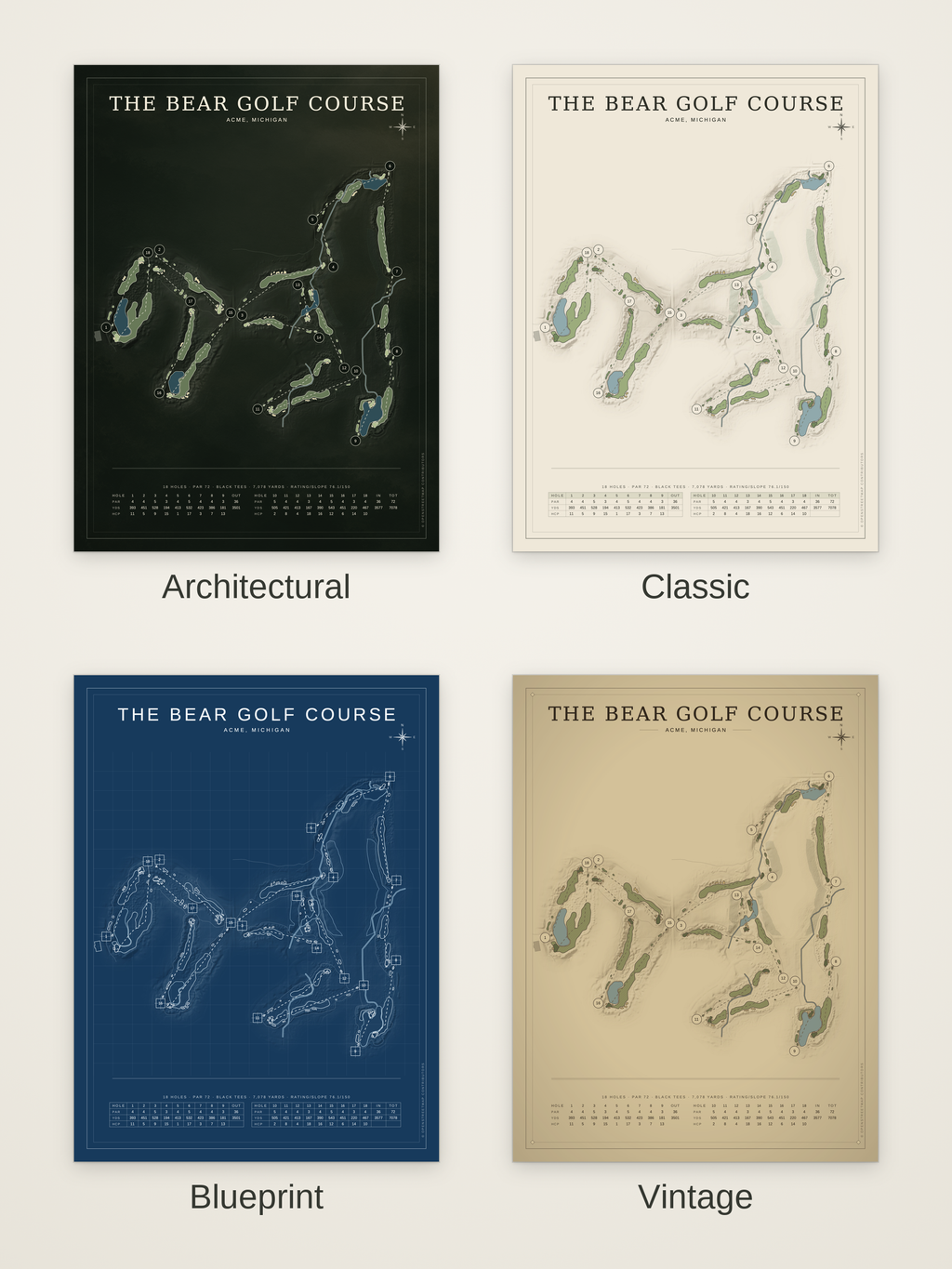 The Bear Golf Course (Acme) course map poster in four styles: Architectural, Classic, Blueprint and Vintage