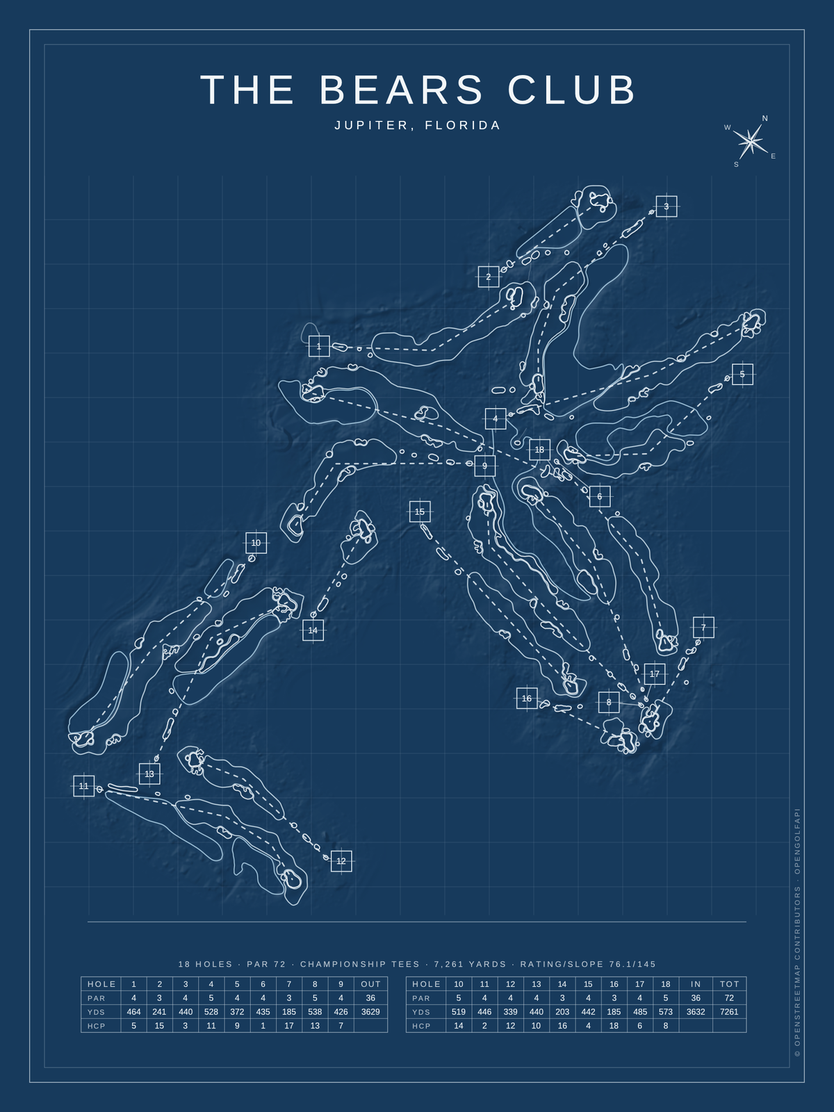 The Bears Club course map poster, Blueprint style, 12×16 / 18×24
