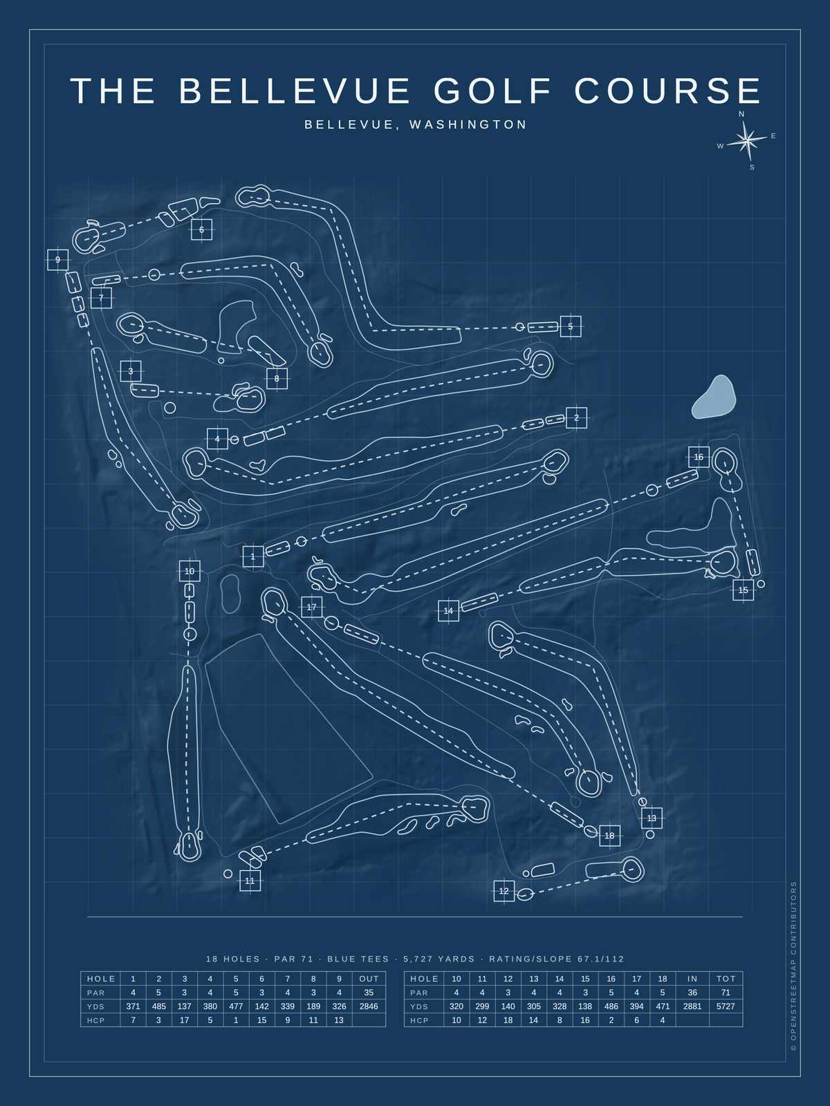 The Bellevue Golf Course map poster, Blueprint style, 12×16 / 18×24