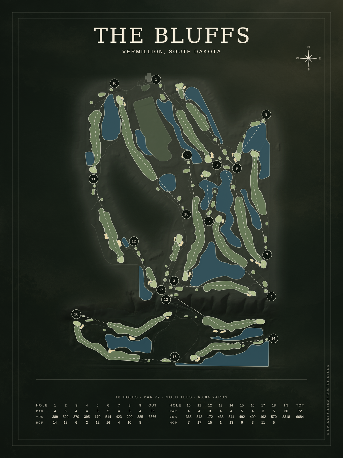 The Bluffs course map poster, Architectural style, 12×16 / 18×24