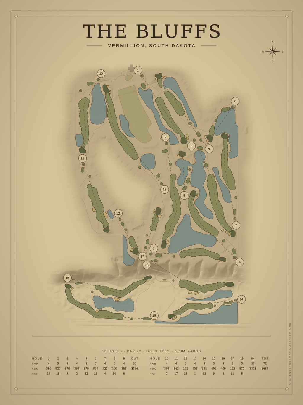 The Bluffs course map poster, Vintage style, 12×16 / 18×24