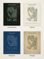 The Bluffs course map poster in four styles: Architectural, Classic, Blueprint and Vintage