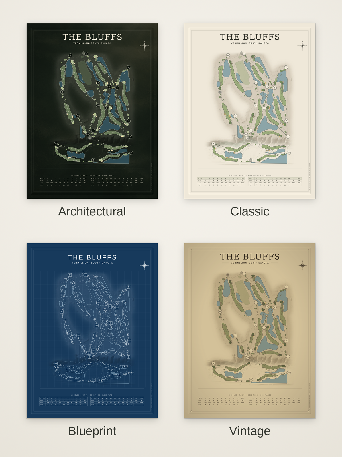 The Bluffs course map poster in four styles: Architectural, Classic, Blueprint and Vintage