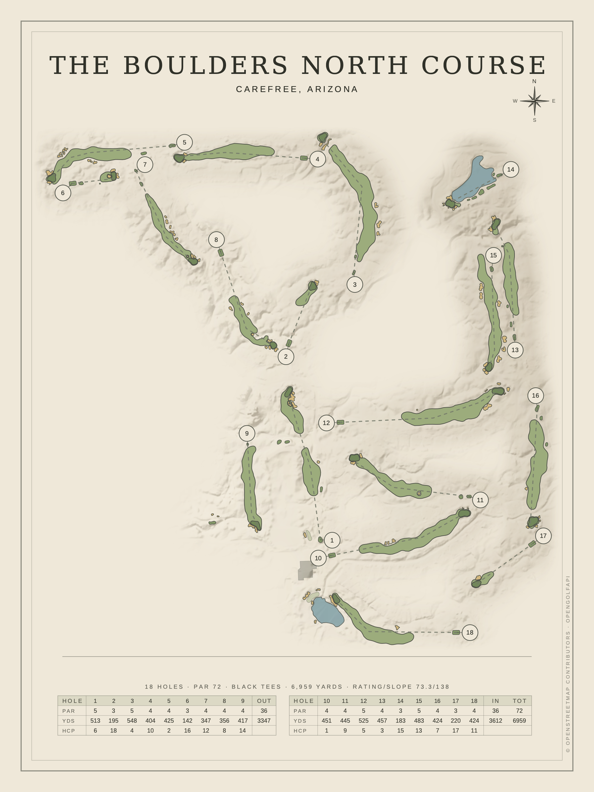 The Boulders North Course map poster, Classic style, 12×16 / 18×24