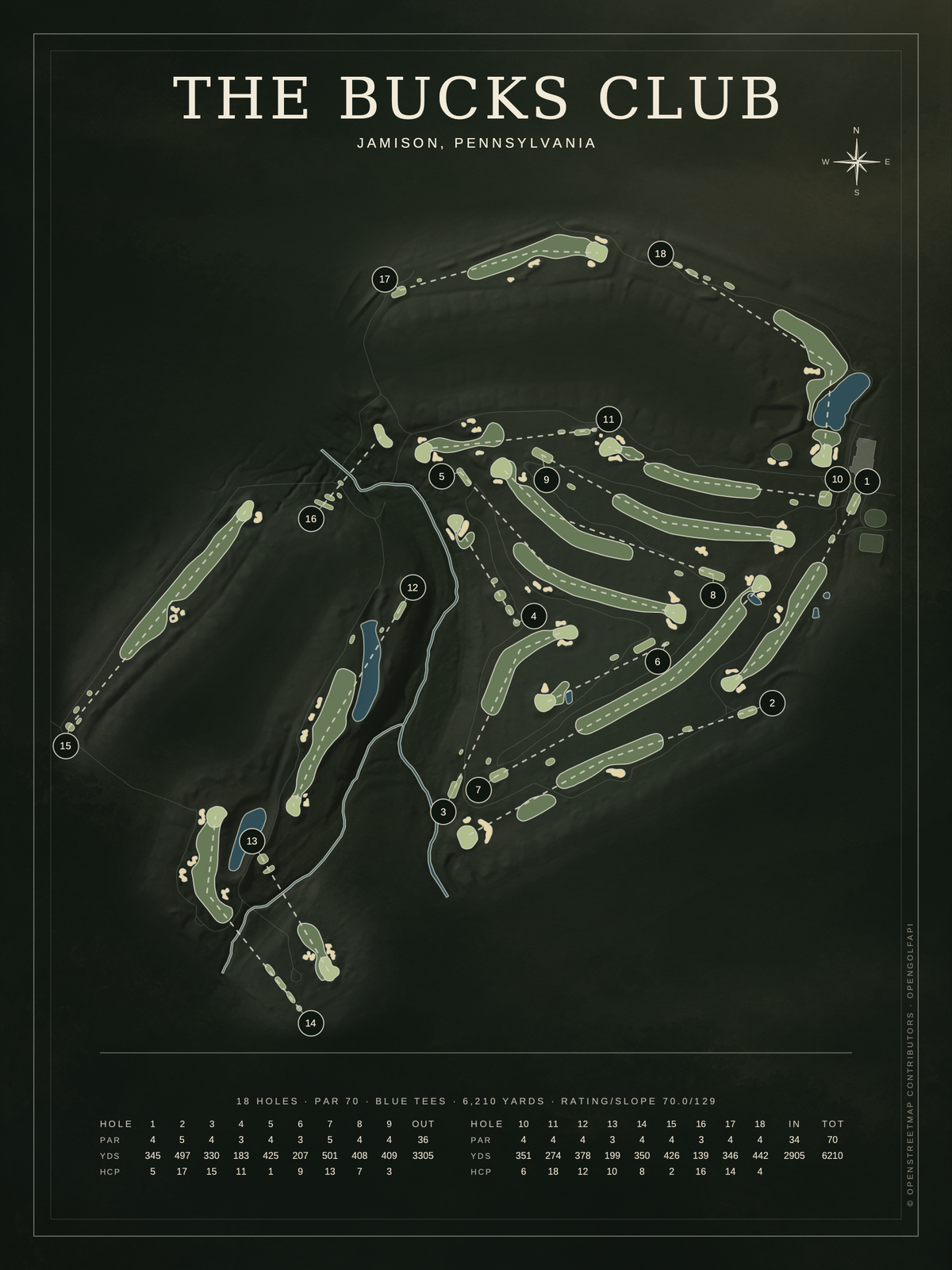 The Bucks Club course map poster, Architectural style, 12×16 / 18×24