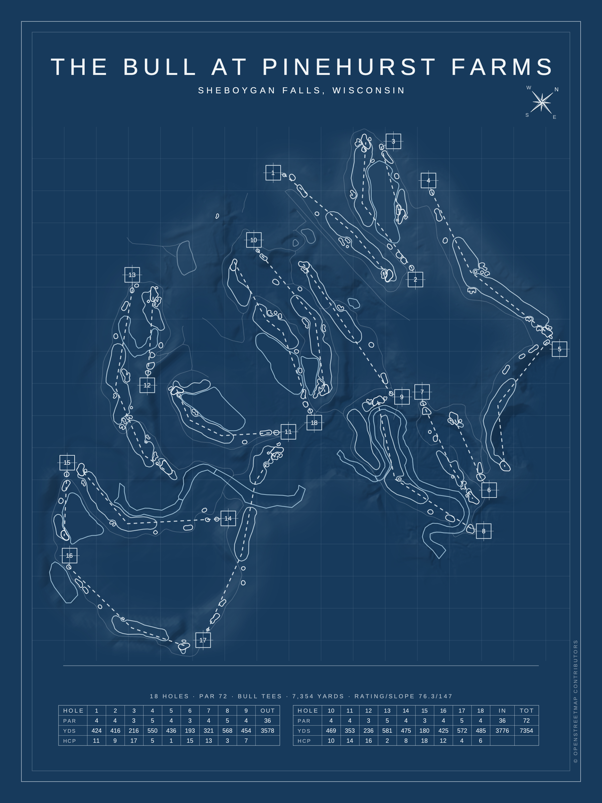 The Bull at Pinehurst Farms course map poster, Blueprint style, 12×16 / 18×24