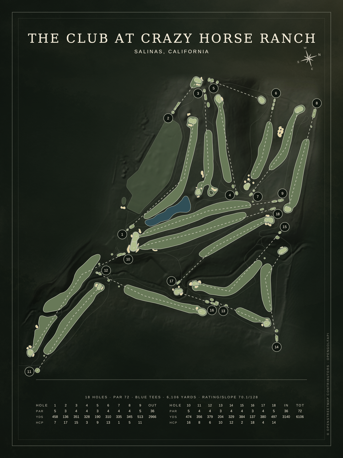 The Club at Crazy Horse Ranch course map poster, Architectural style, 12×16 / 18×24