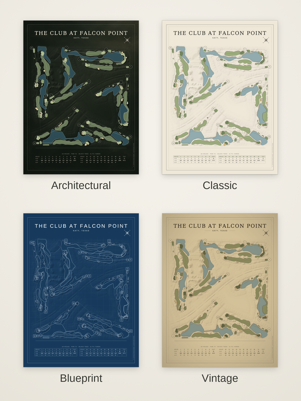 The Club at Falcon Point course map poster in four styles: Architectural, Classic, Blueprint and Vintage