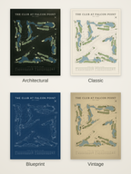 The Club at Falcon Point course map poster in four styles: Architectural, Classic, Blueprint and Vintage
