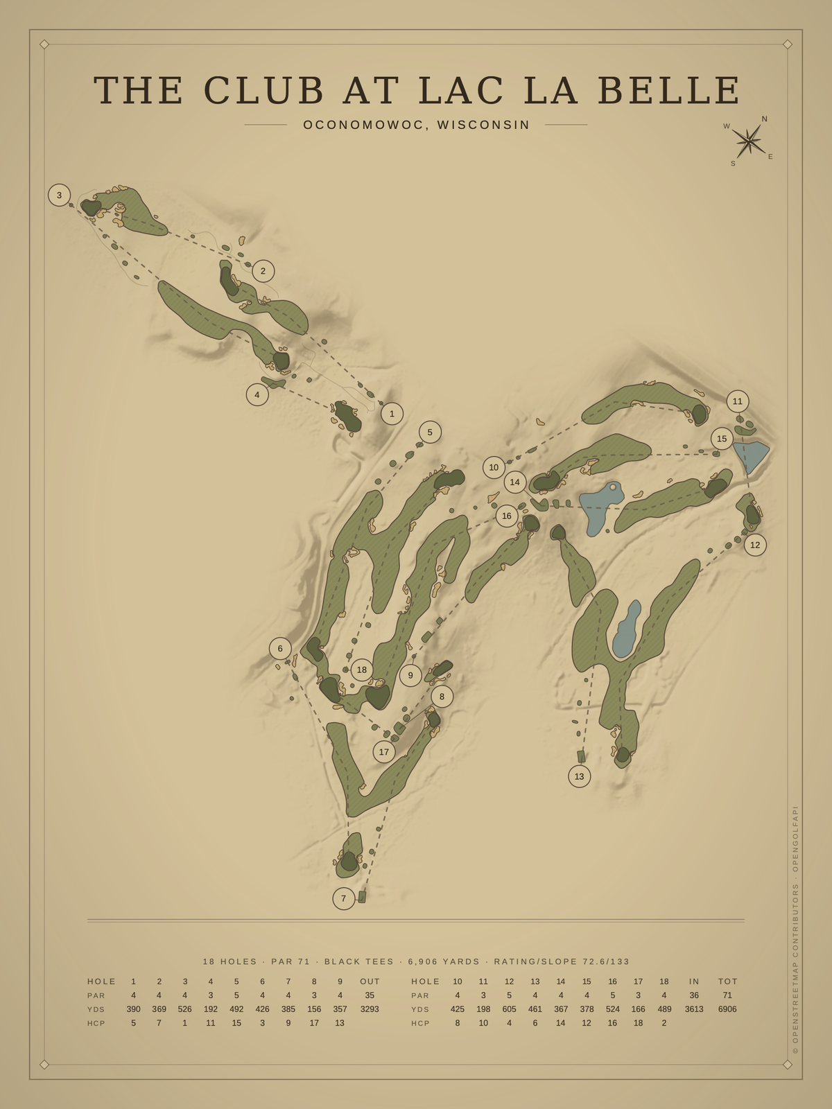 The Club at Lac La Belle course map poster, Vintage style, 12×16 / 18×24