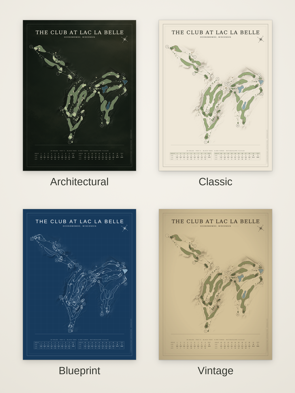 The Club at Lac La Belle course map poster in four styles: Architectural, Classic, Blueprint and Vintage