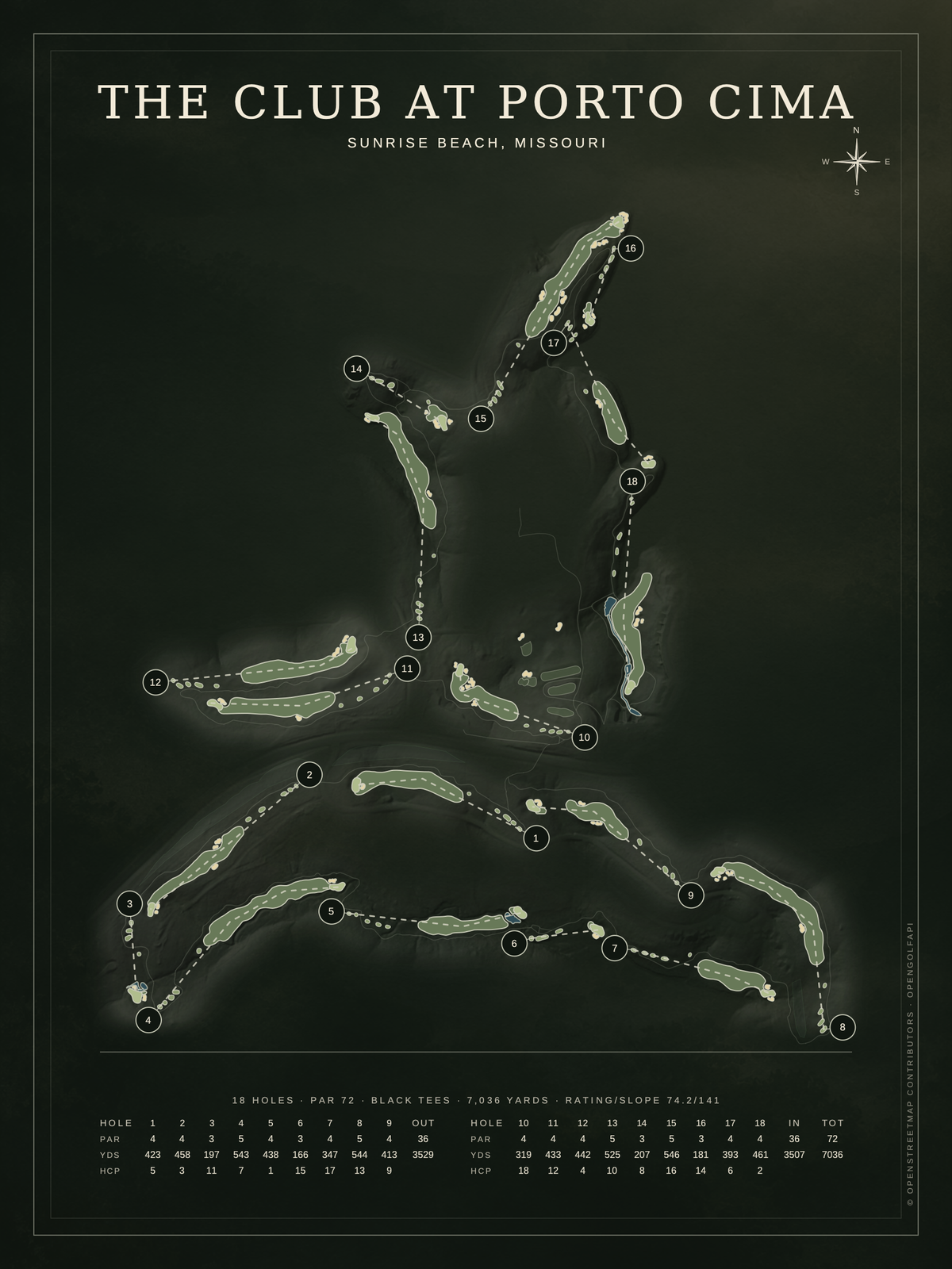 The Club at Porto Cima course map poster, Architectural style, 12×16 / 18×24