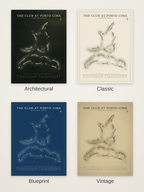The Club at Porto Cima course map poster in four styles: Architectural, Classic, Blueprint and Vintage