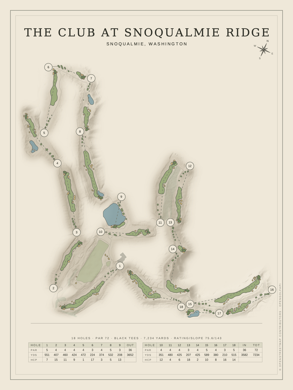 The Club at Snoqualmie Ridge course map poster, Classic style, 12×16 / 18×24