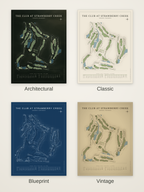 The Club at Strawberry Creek course map poster in four styles: Architectural, Classic, Blueprint and Vintage