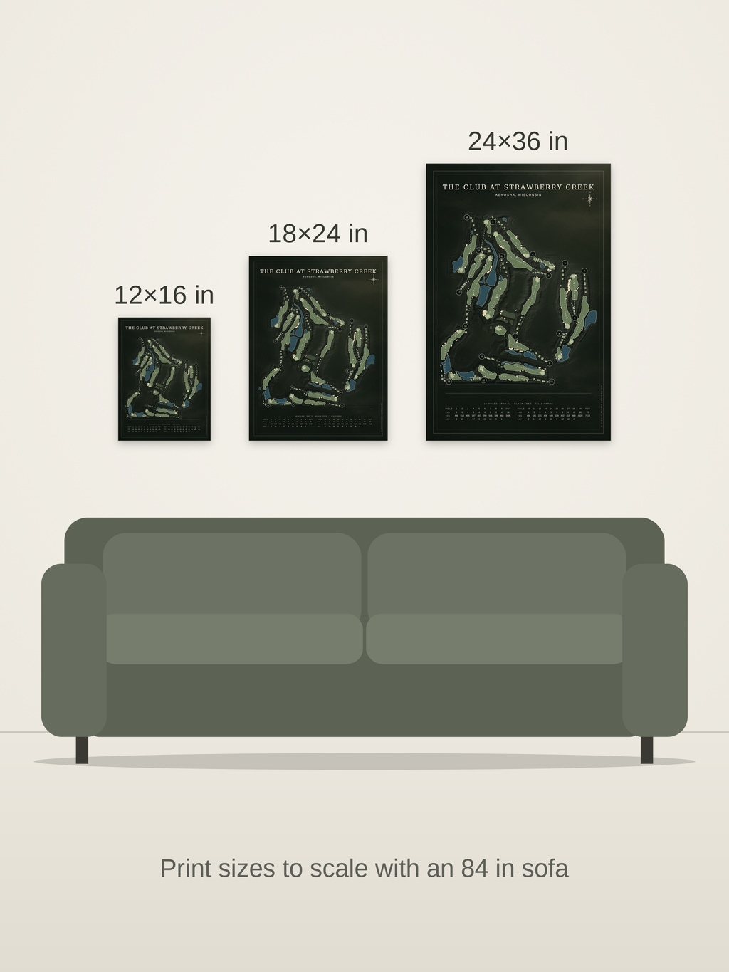The Club at Strawberry Creek course map poster in the Architectural style at 12×16, 18×24 and 24×36 inches, shown to scale on a wall above an 84-inch sofa