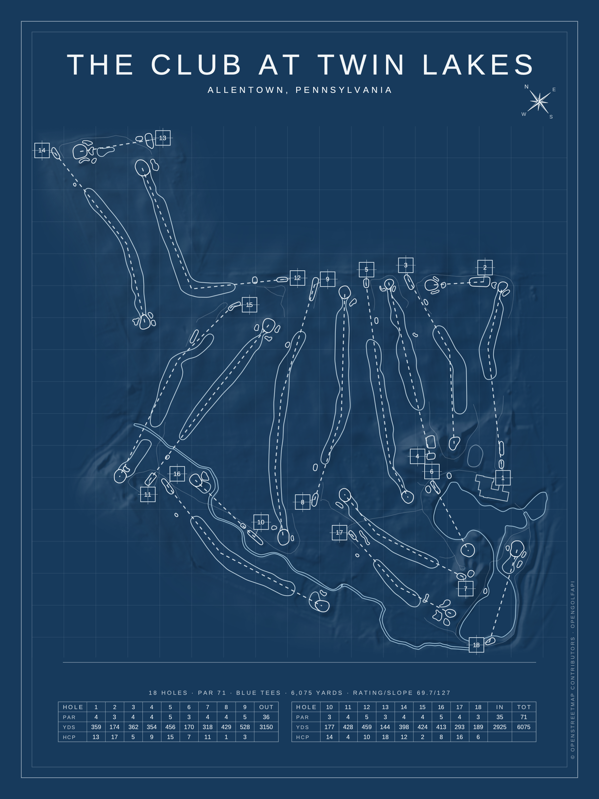 The Club at Twin Lakes course map poster, Blueprint style, 12×16 / 18×24