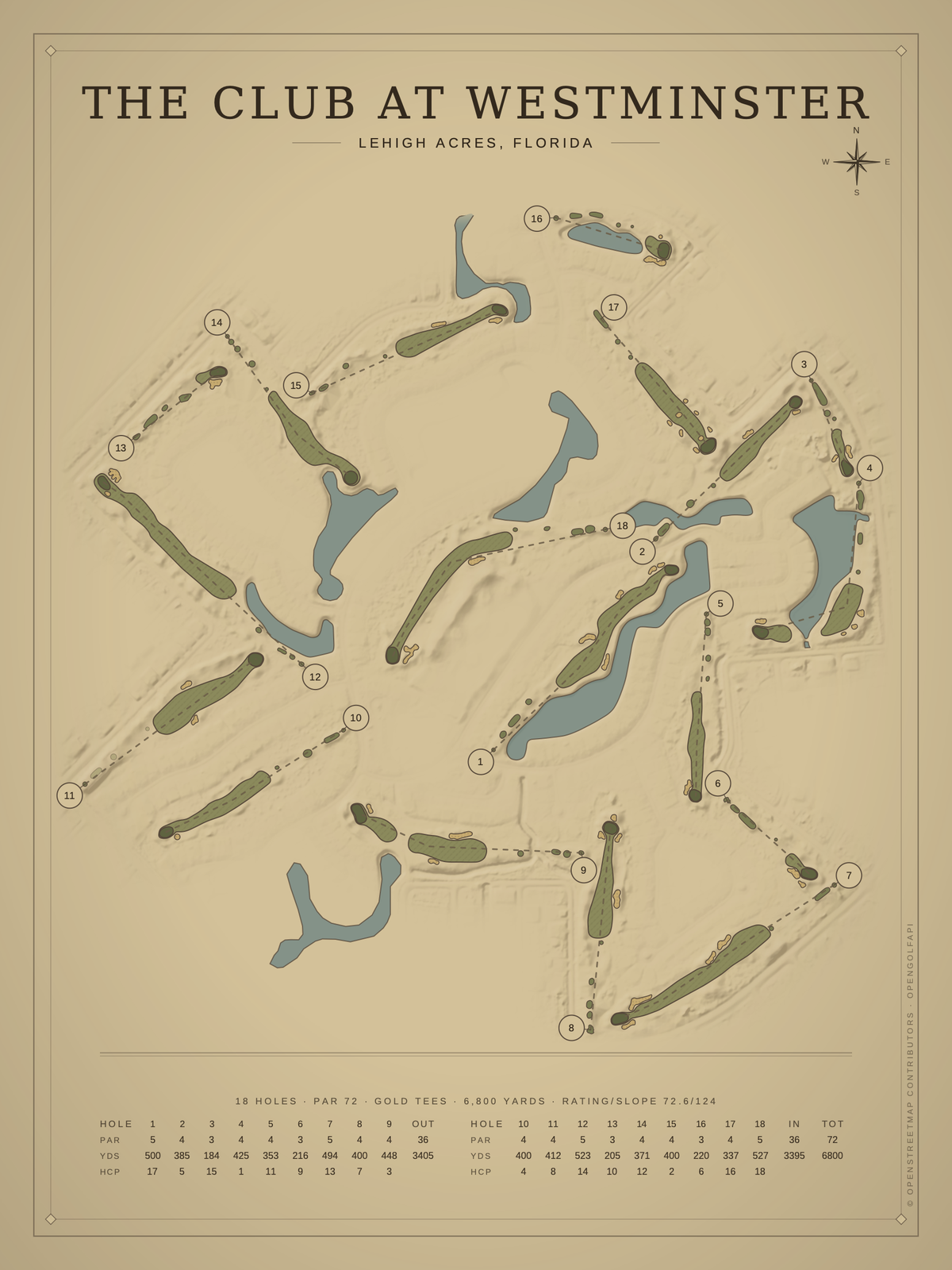 The Club at Westminster course map poster, Vintage style, 12×16 / 18×24