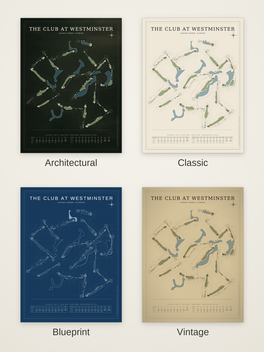 The Club at Westminster course map poster in four styles: Architectural, Classic, Blueprint and Vintage