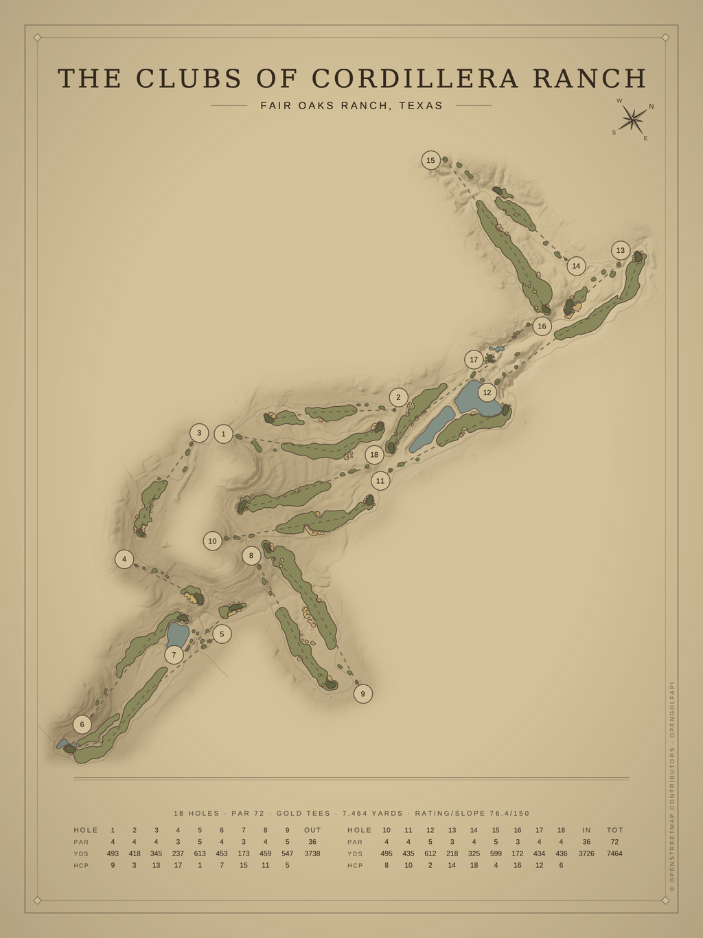 The Clubs of Cordillera Ranch course map poster, Vintage style, 12×16 / 18×24