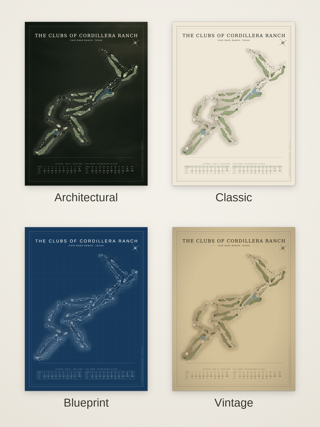 The Clubs of Cordillera Ranch course map poster in four styles: Architectural, Classic, Blueprint and Vintage