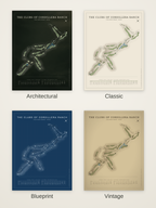 The Clubs of Cordillera Ranch course map poster in four styles: Architectural, Classic, Blueprint and Vintage
