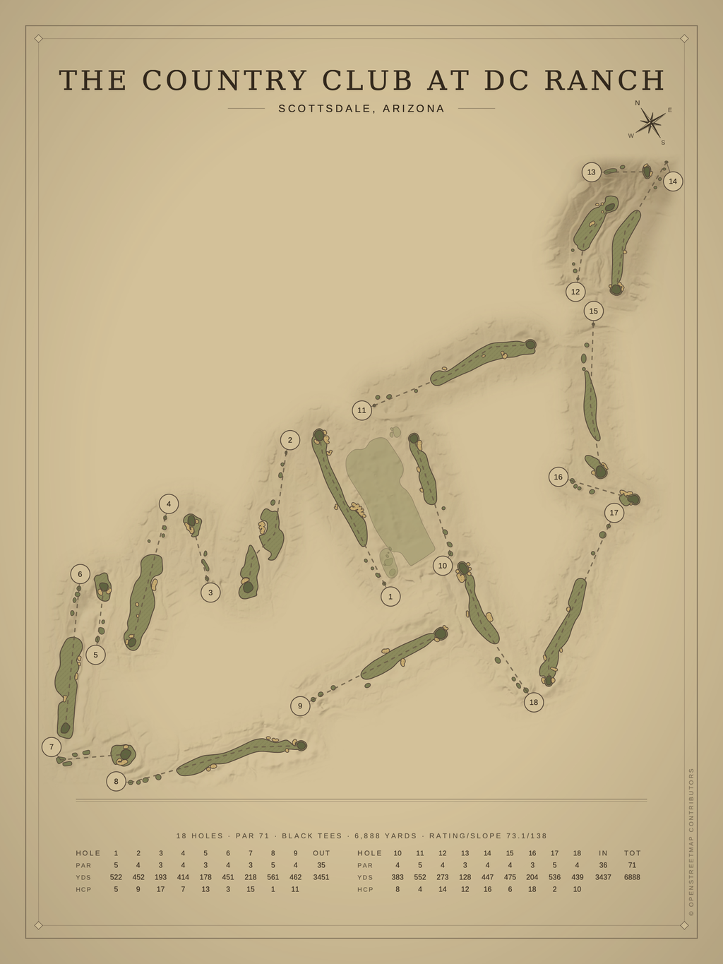 The Country Club at DC Ranch course map poster, Vintage style, 12×16 / 18×24