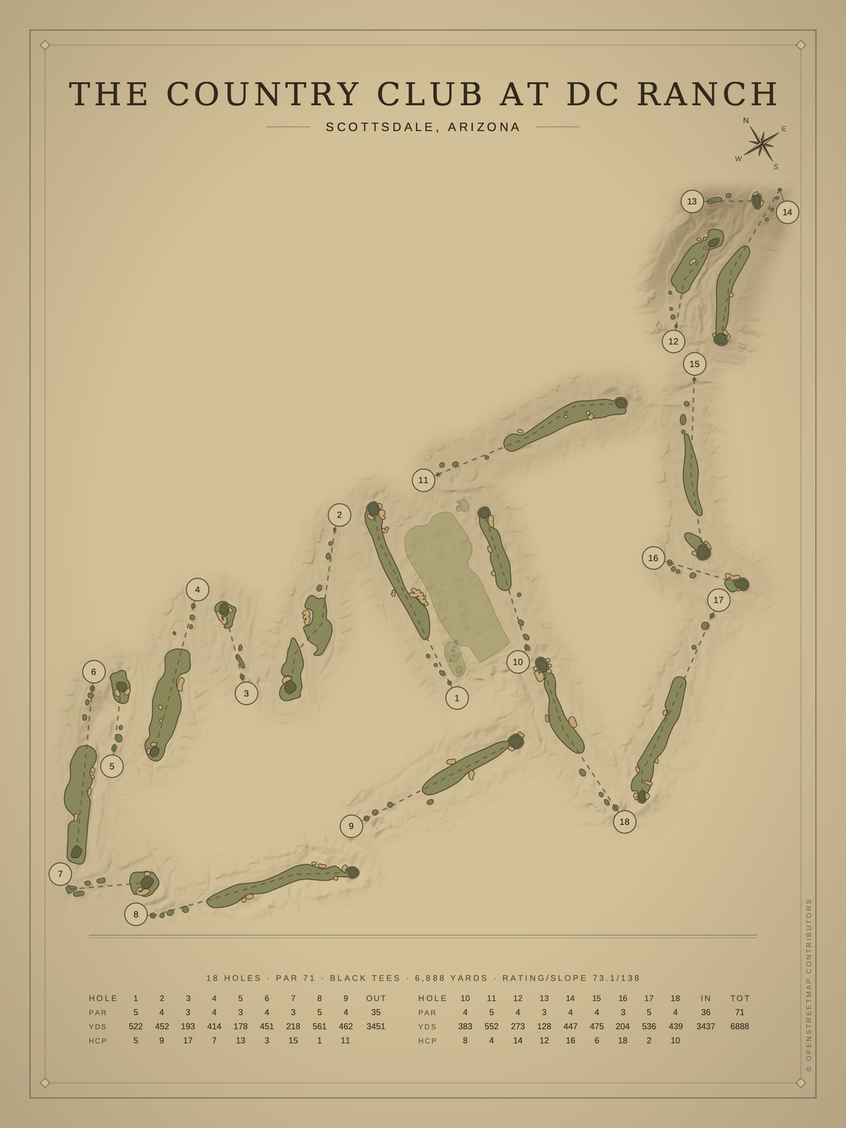 The Country Club at DC Ranch course map poster, Vintage style, 12×16 / 18×24