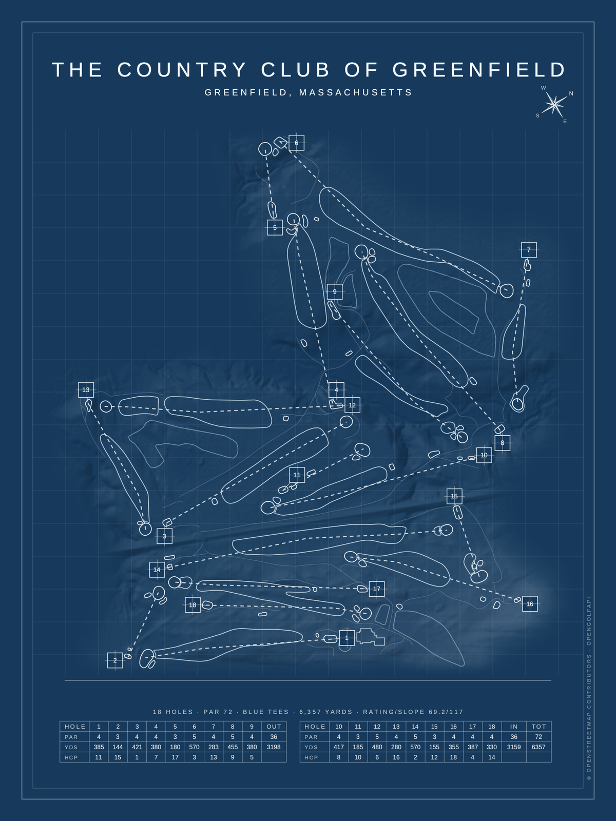 The Country Club of Greenfield course map poster, Blueprint style, 12×16 / 18×24