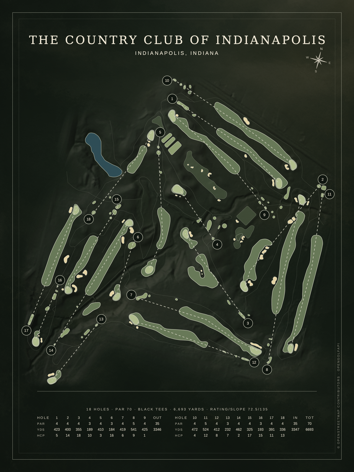 The Country Club of Indianapolis course map poster, Architectural style, 12×16 / 18×24