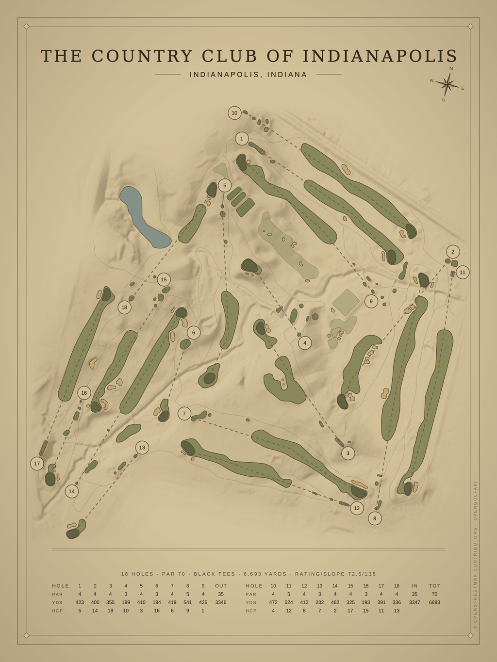 The Country Club of Indianapolis course map poster, Vintage style, 12×16 / 18×24