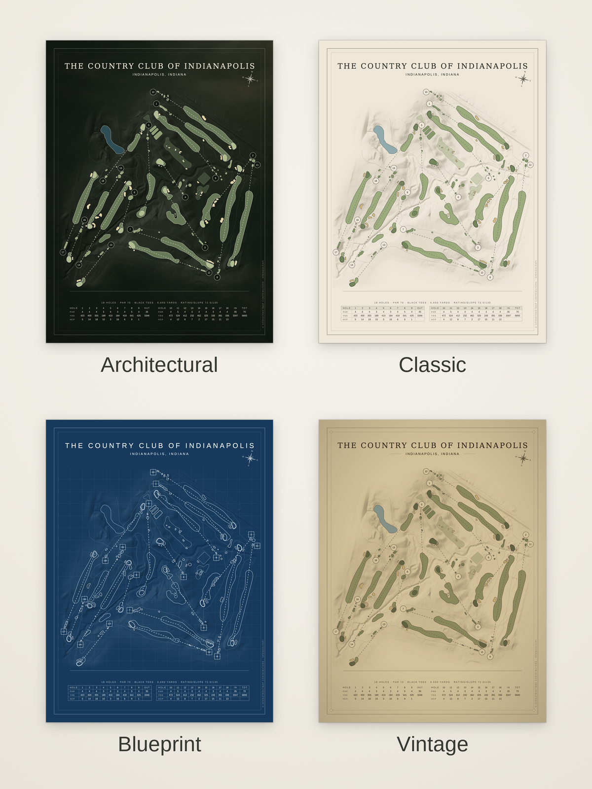 The Country Club of Indianapolis course map poster in four styles: Architectural, Classic, Blueprint and Vintage