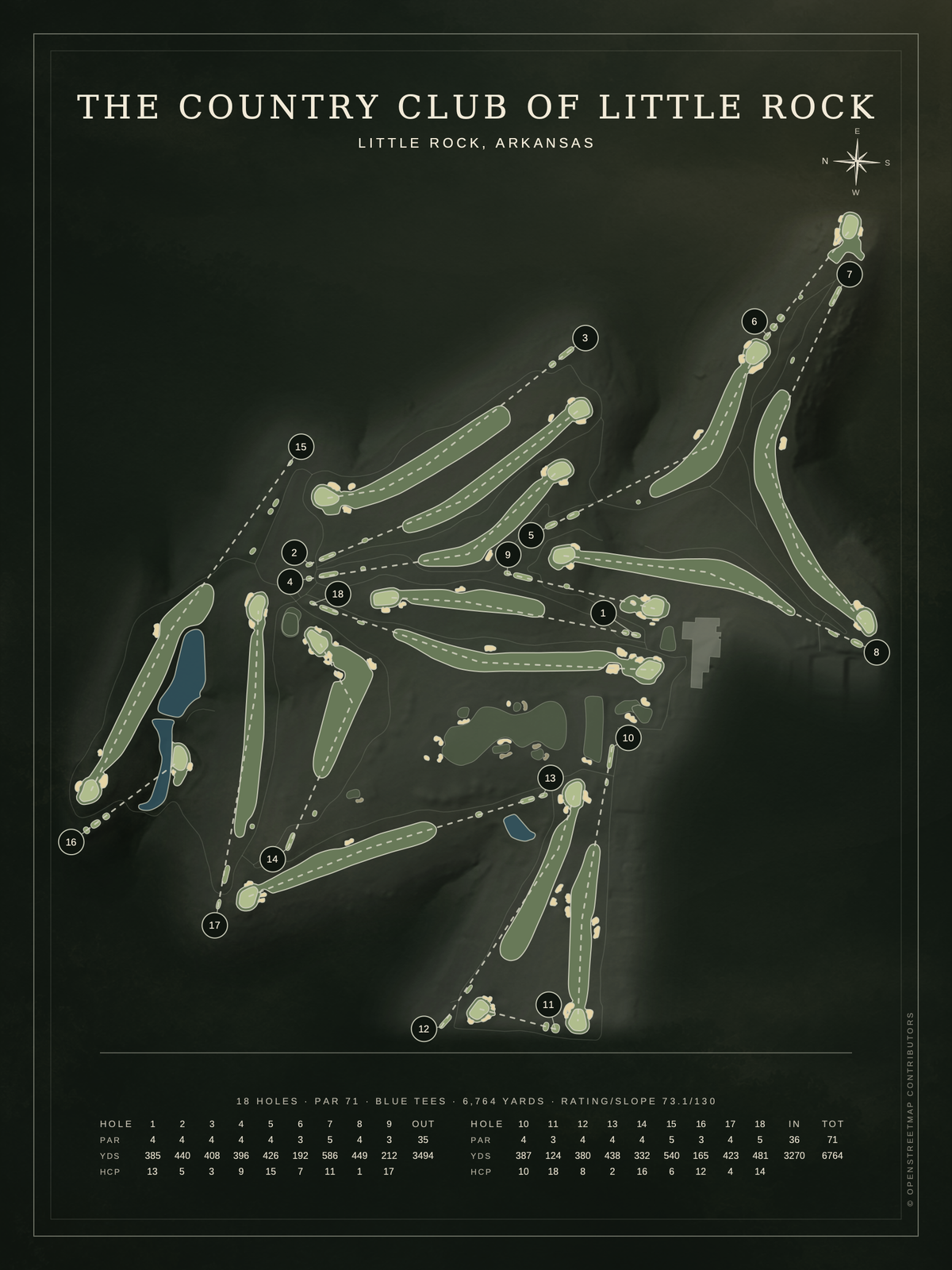 The Country Club of Little Rock course map poster, Architectural style, 12×16 / 18×24