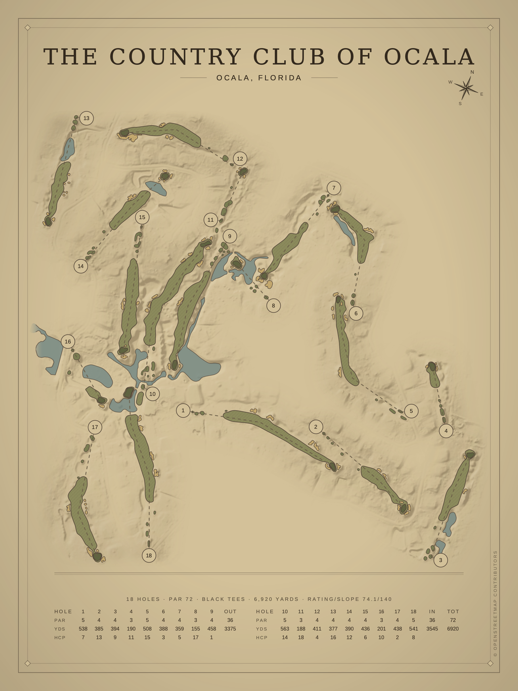 The Country Club of Ocala course map poster, Vintage style, 12×16 / 18×24