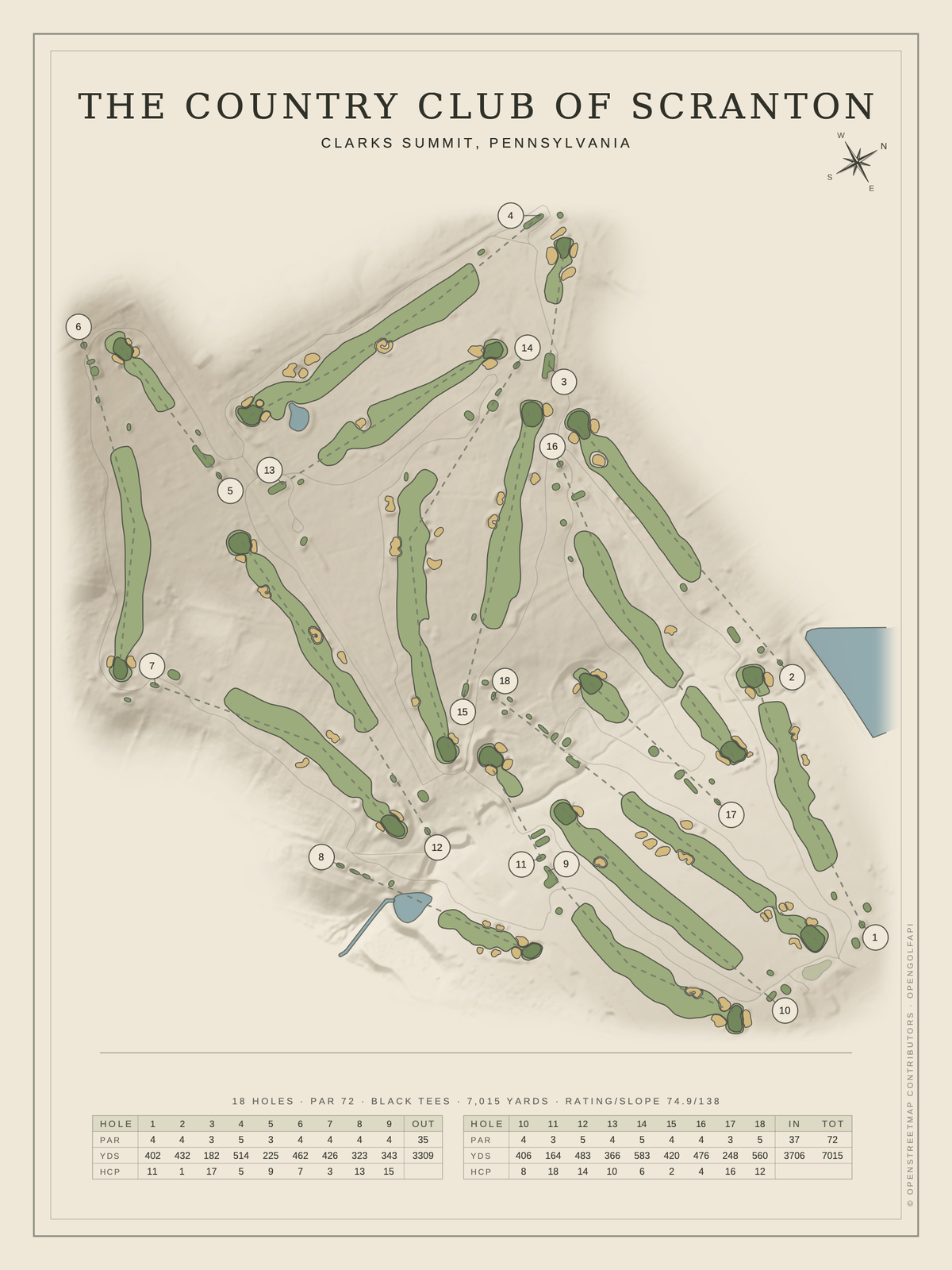 The Country Club of Scranton course map poster, Classic style, 12×16 / 18×24