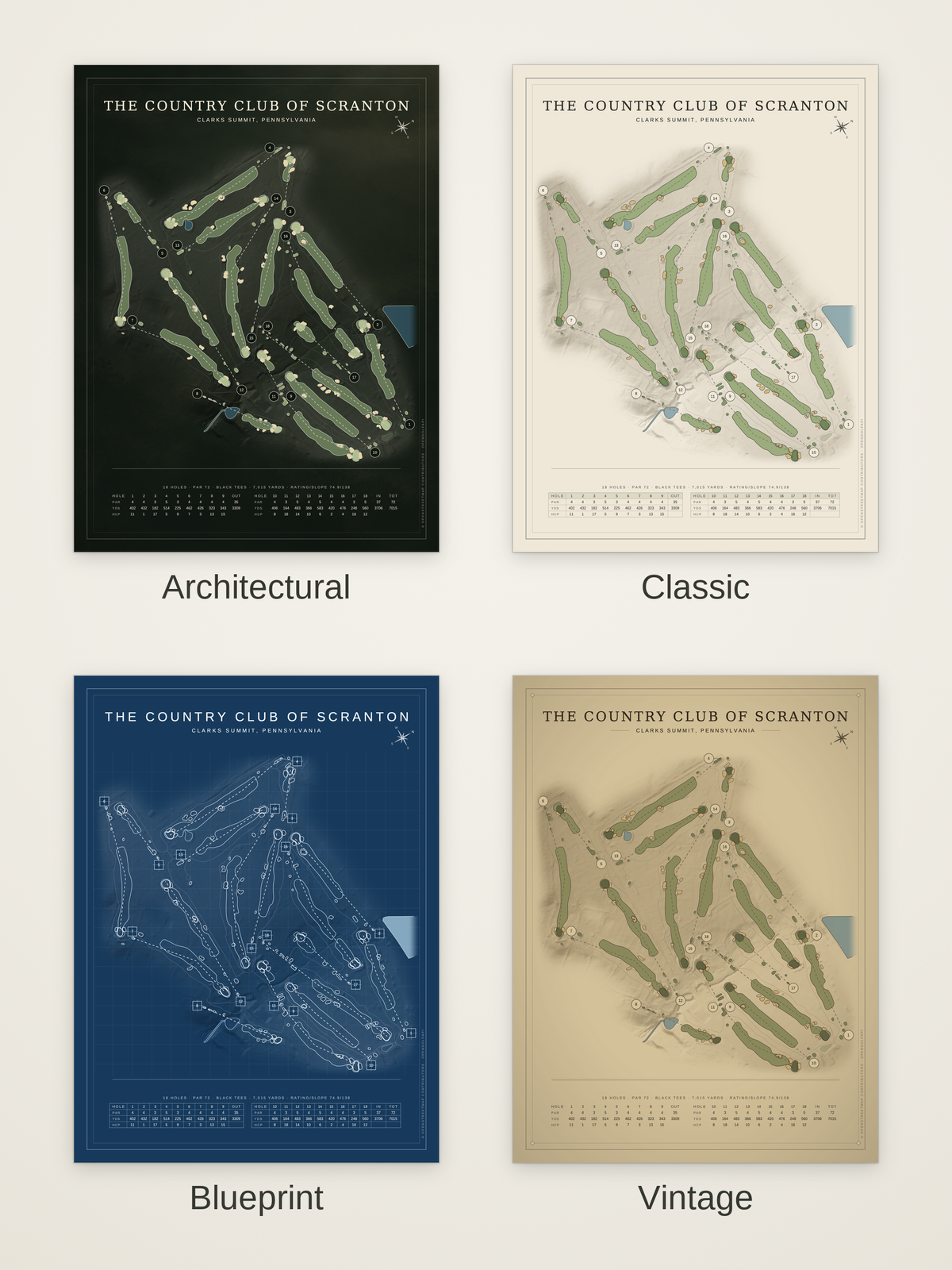 The Country Club of Scranton course map poster in four styles: Architectural, Classic, Blueprint and Vintage